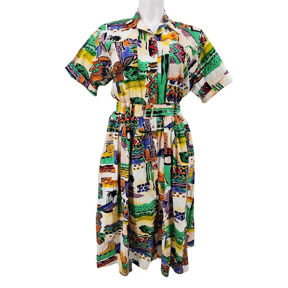 Vintage Together! Multicolor Abstract Print Belted Short-Sleeve Cotton Dress Wom - Picture 12 of 12